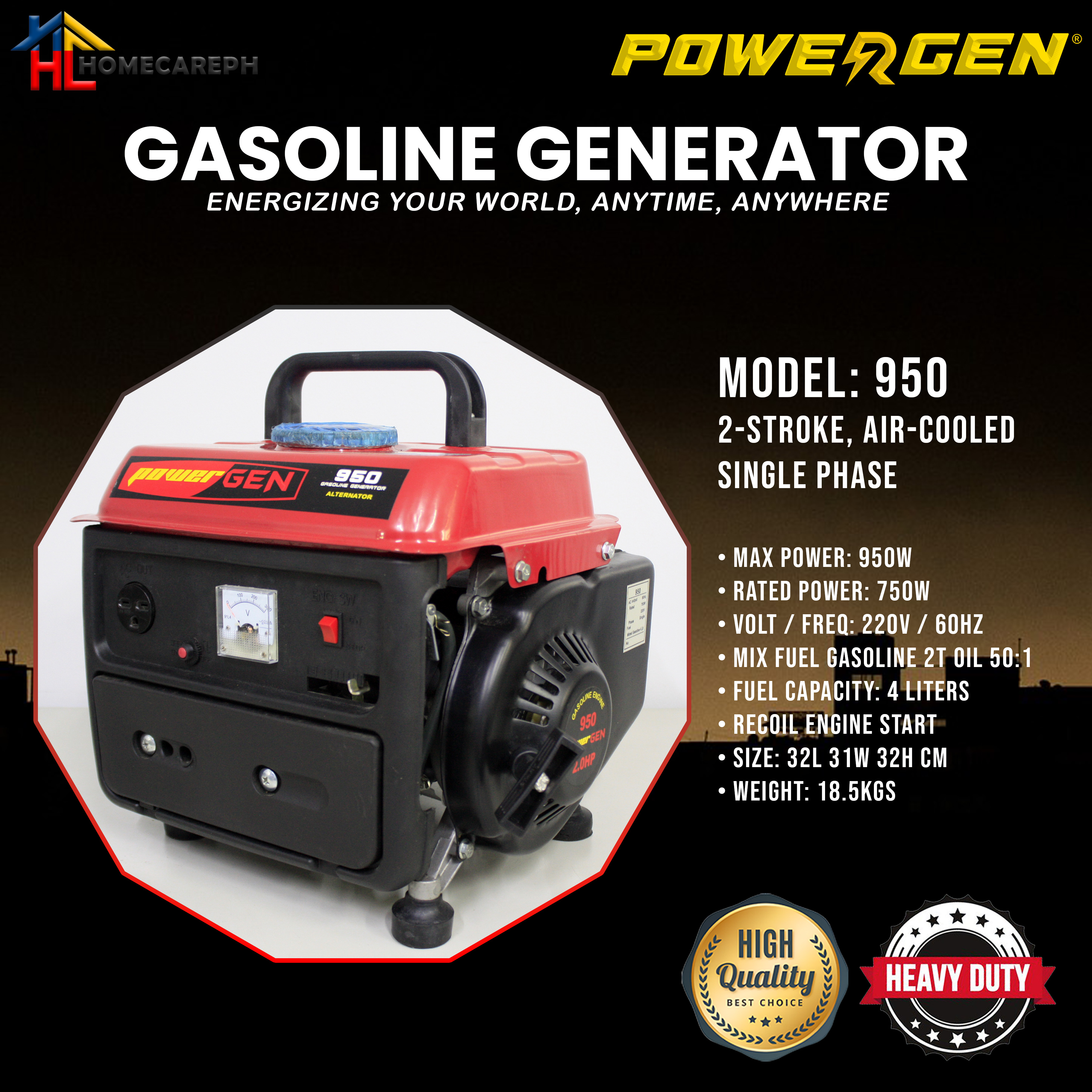 Powergen Portable Gasoline Generator 950 (950W) | Shopee Philippines