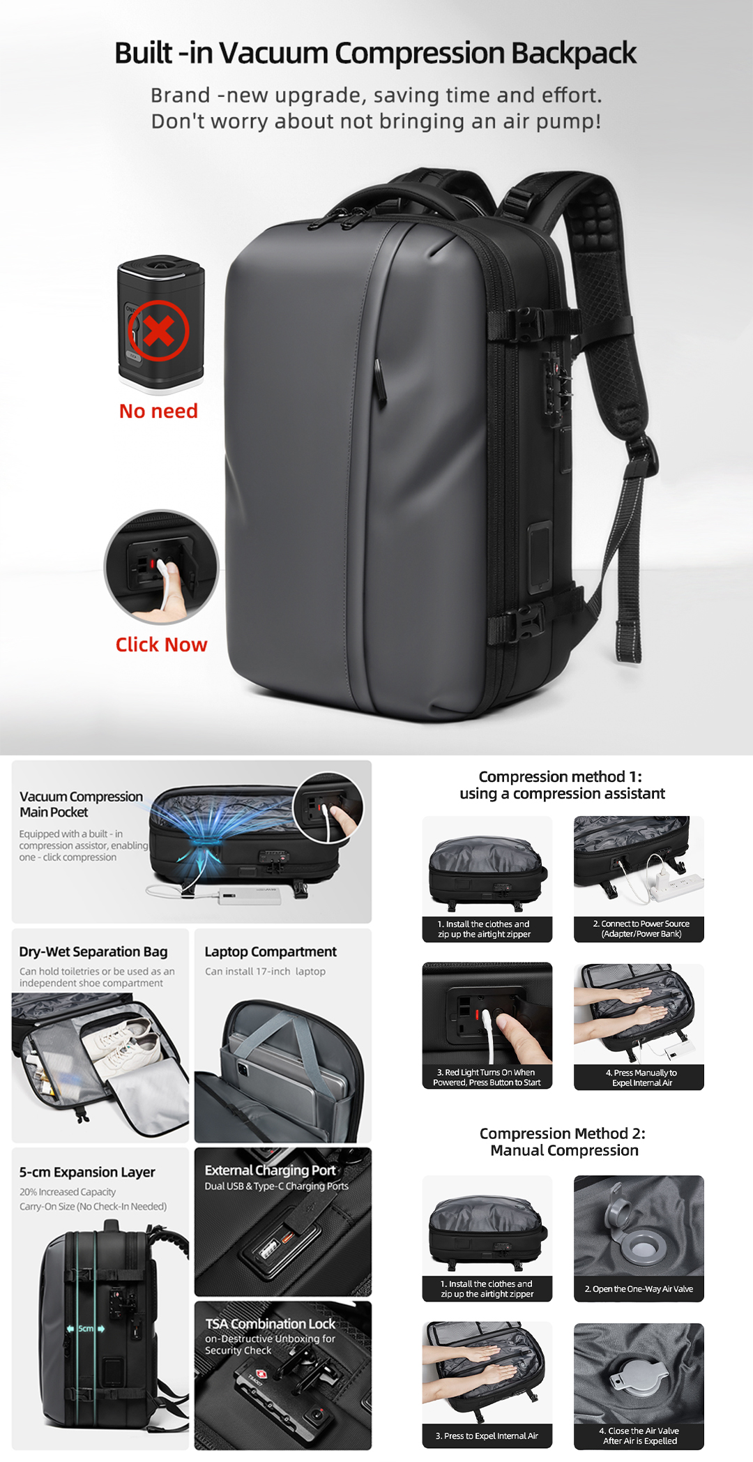 SEA CHOICE Backpack Expandable USB Auto Vacuum Air Bag Backpack ...