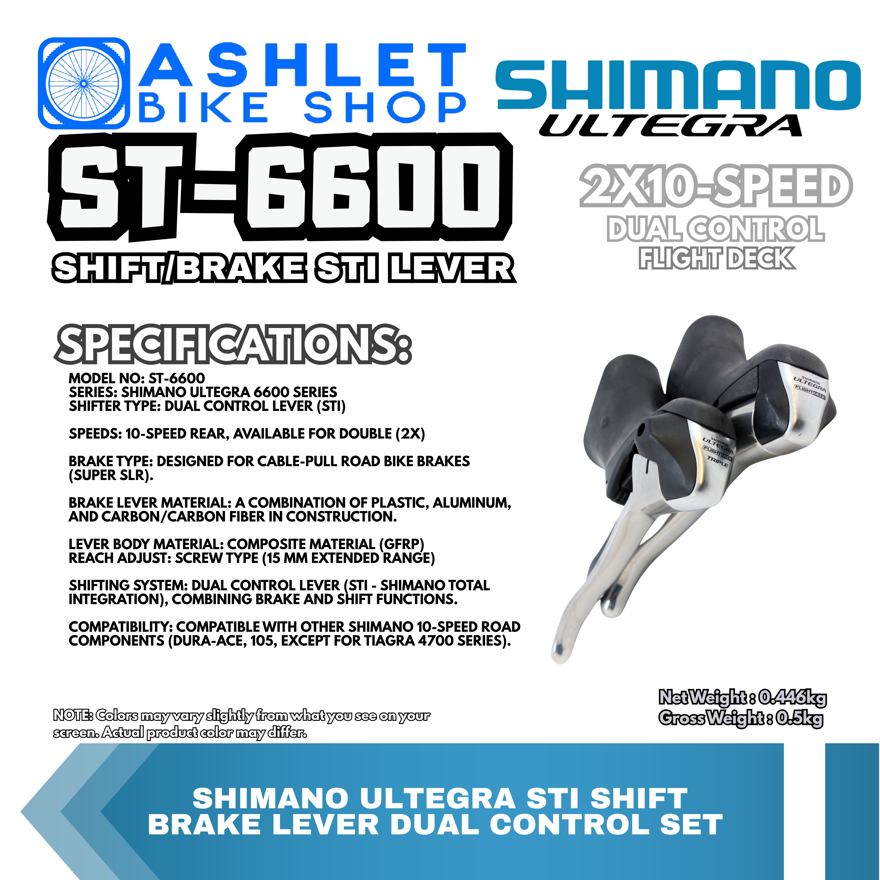 Levier Shimano Ultegra ST-6600 Gauche 2x10 Vitesses - Frein Et Commutation - Ice Grey - Occasion