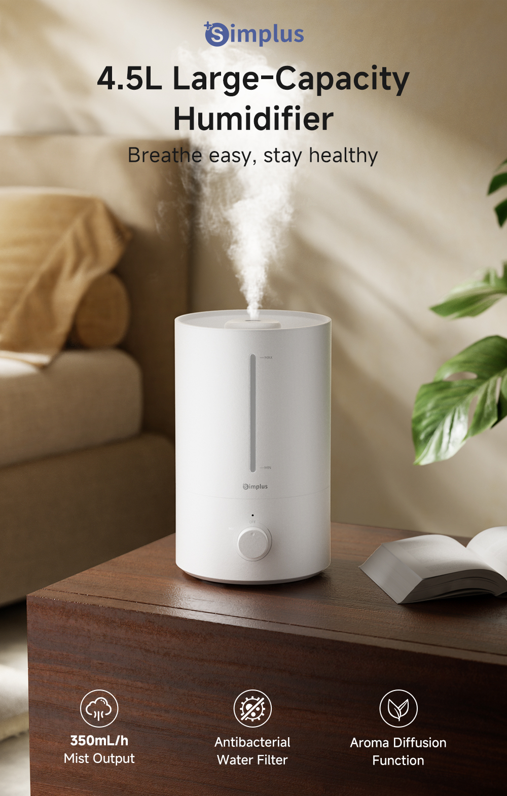 Simplus 4.5L Quiet Humidifier Aroma Diffuser 360° Mist Top Fill ...