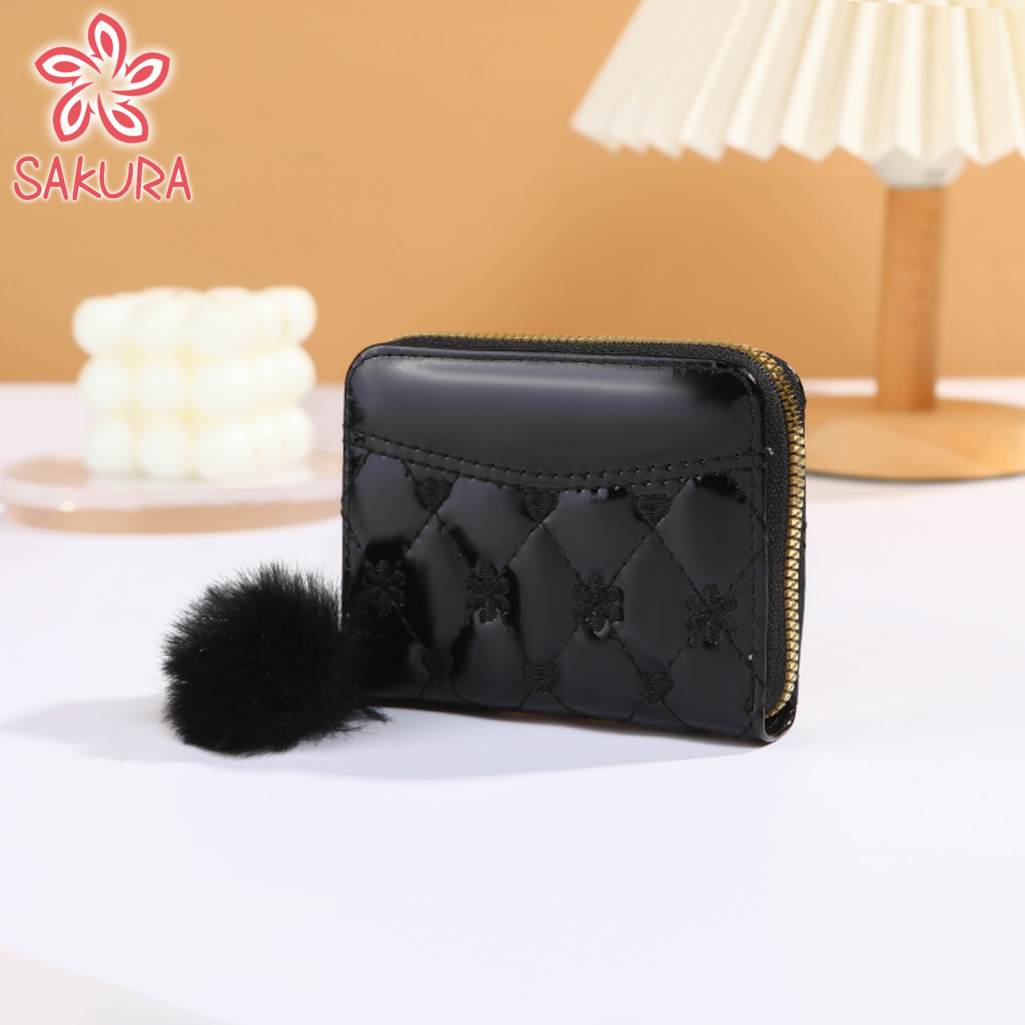 Sakura Wallet For Woman High-End Patent Leather Fabric Hairball Pendant ...