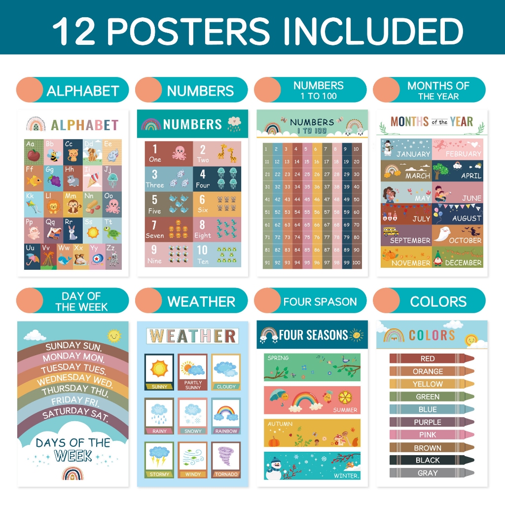 EM 12PCS Early Educational Chart For Kids Toddlers Learning Number ...