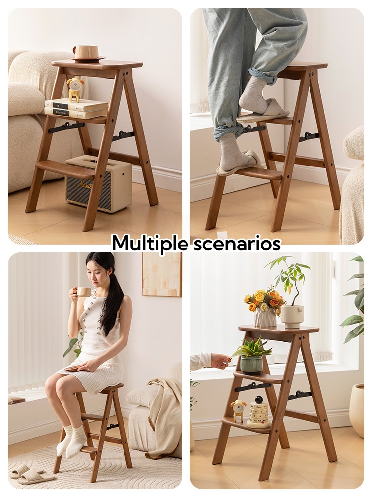 LACCOHUG Solid Wood Folding Ladder 3 Steps Stool Floor Ladder Stable ...