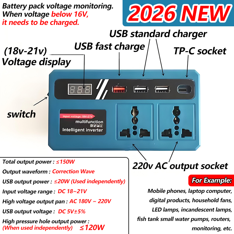120W Portable Mini Smart Inverter with 3 USB Ports 220V Two Plugs Power ...