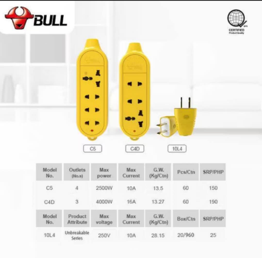 BULL Rewireable Extension Socket C5 4Gang 2500w 10A and C4D 3Gang 4000w ...
