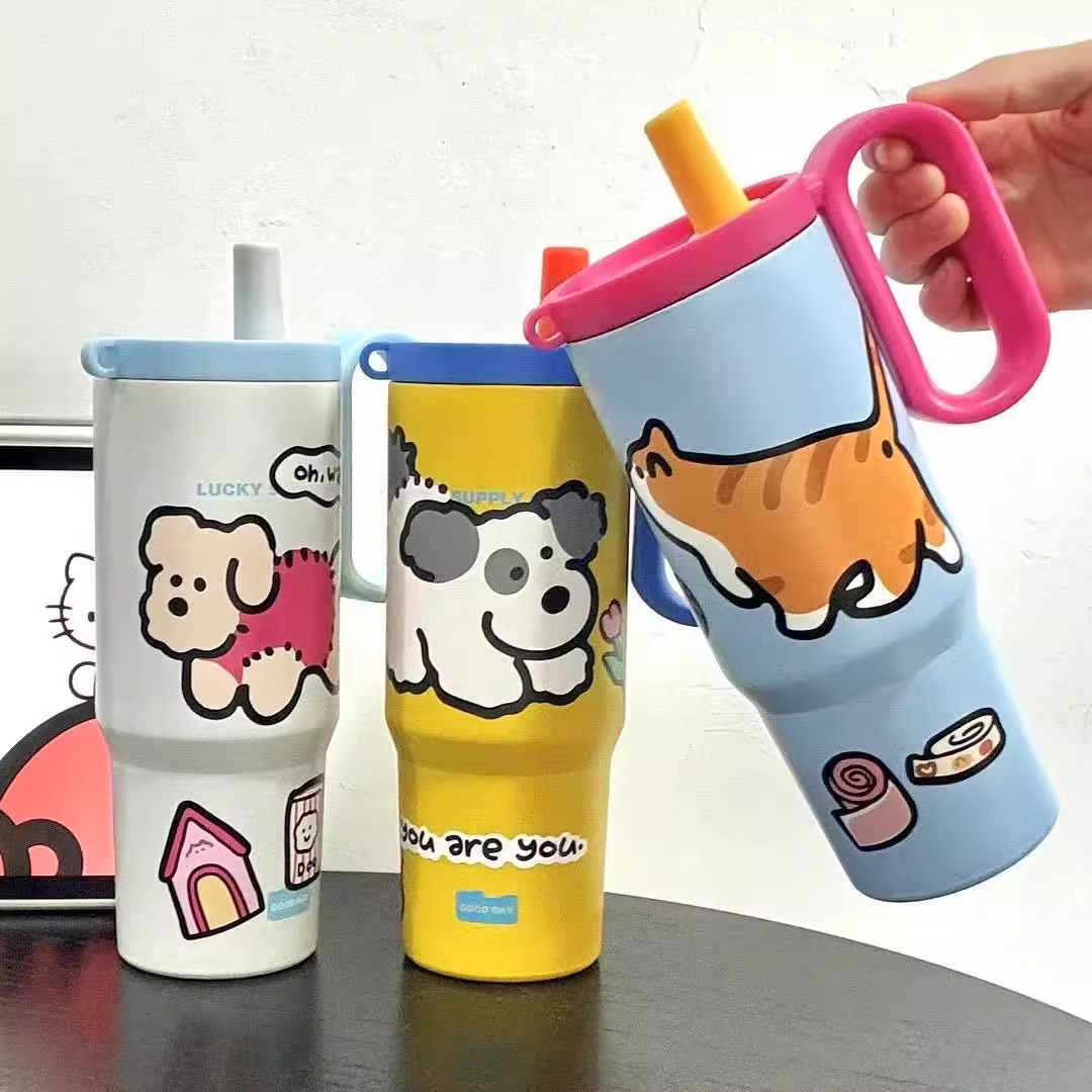 Stainless Steel Tumbler with Handle & StrawHot And Cold Cup Sports ...