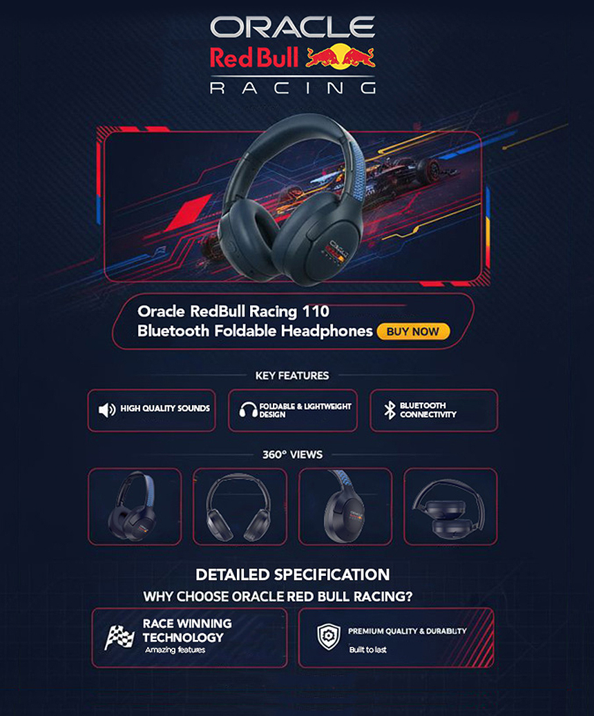 Oracle Red Bull Racing 110 Bluetooth Foldable Headphones By Spoyl Store ...