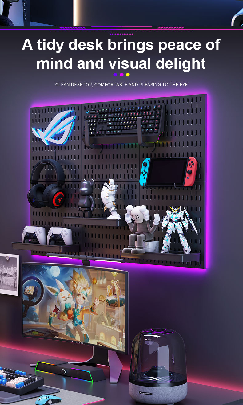 Gaming room pegboard storage rack black wall-mounted computer desk wall ...