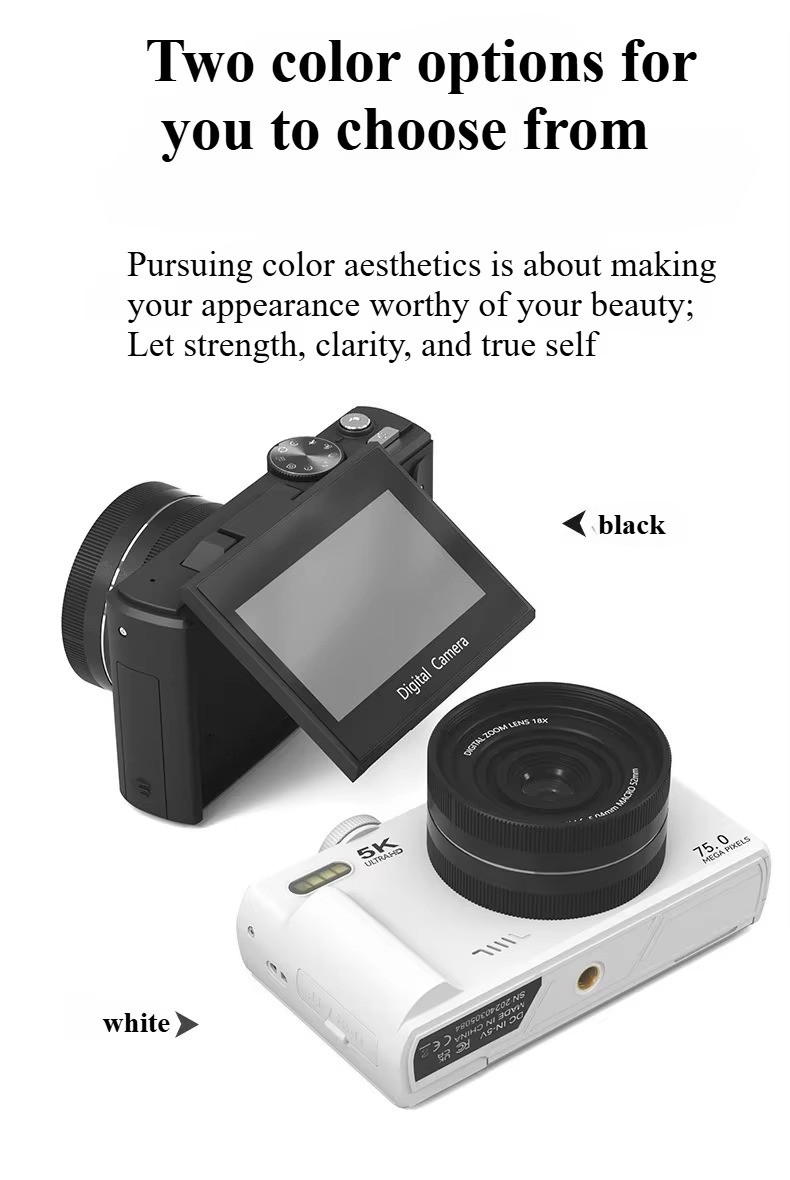 Digital Camera 5K HD Selfile Flip Screen 180° 64MP Photography 18X Zoom ...