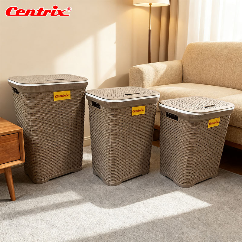 Centrix LAUNDRY BASKET RATTAN Clothes storage Removable with lid ...