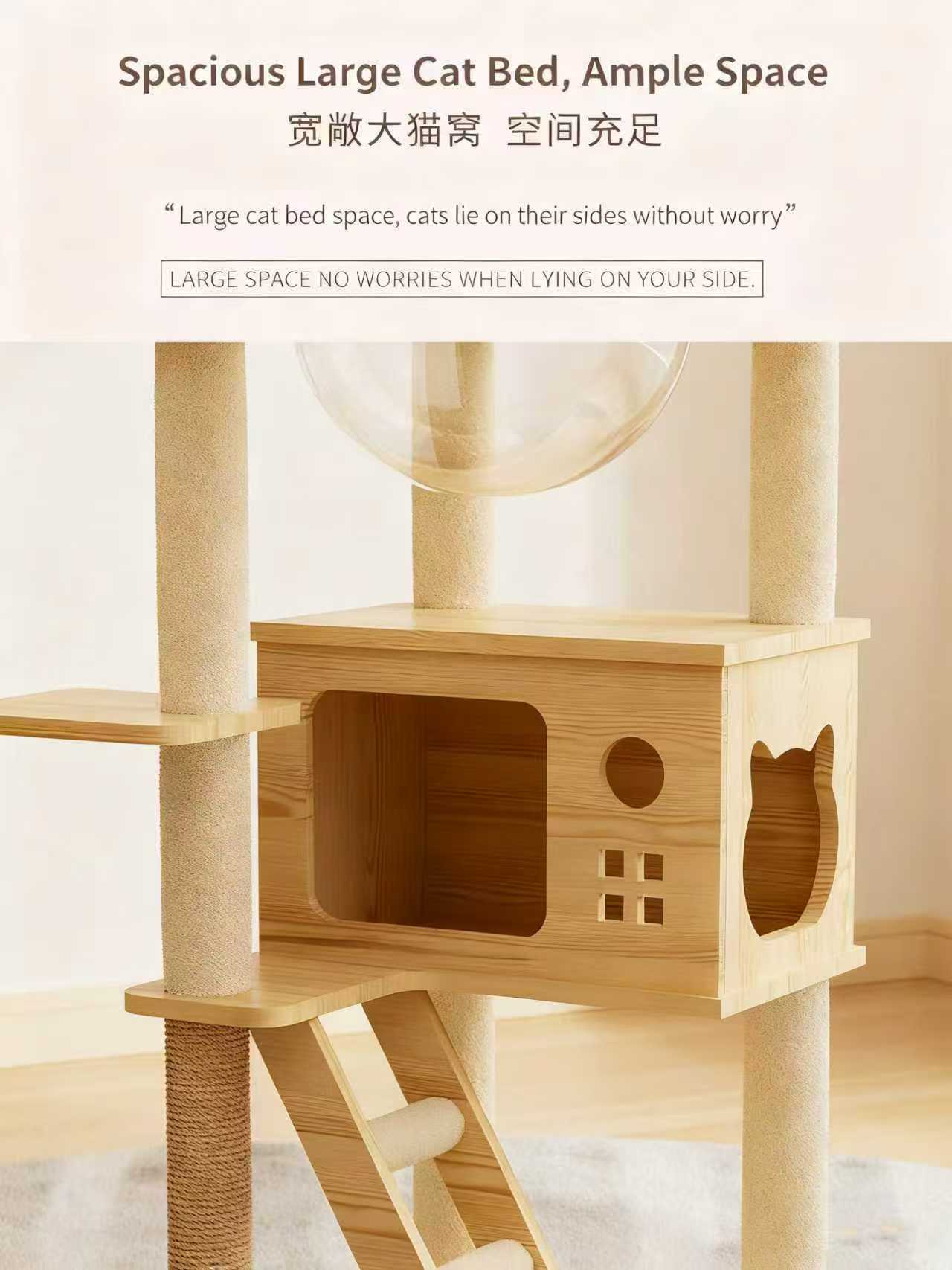 Wooden Cat Tree with Acrylic Space Capsule - All-in-One Play, Scratch ...