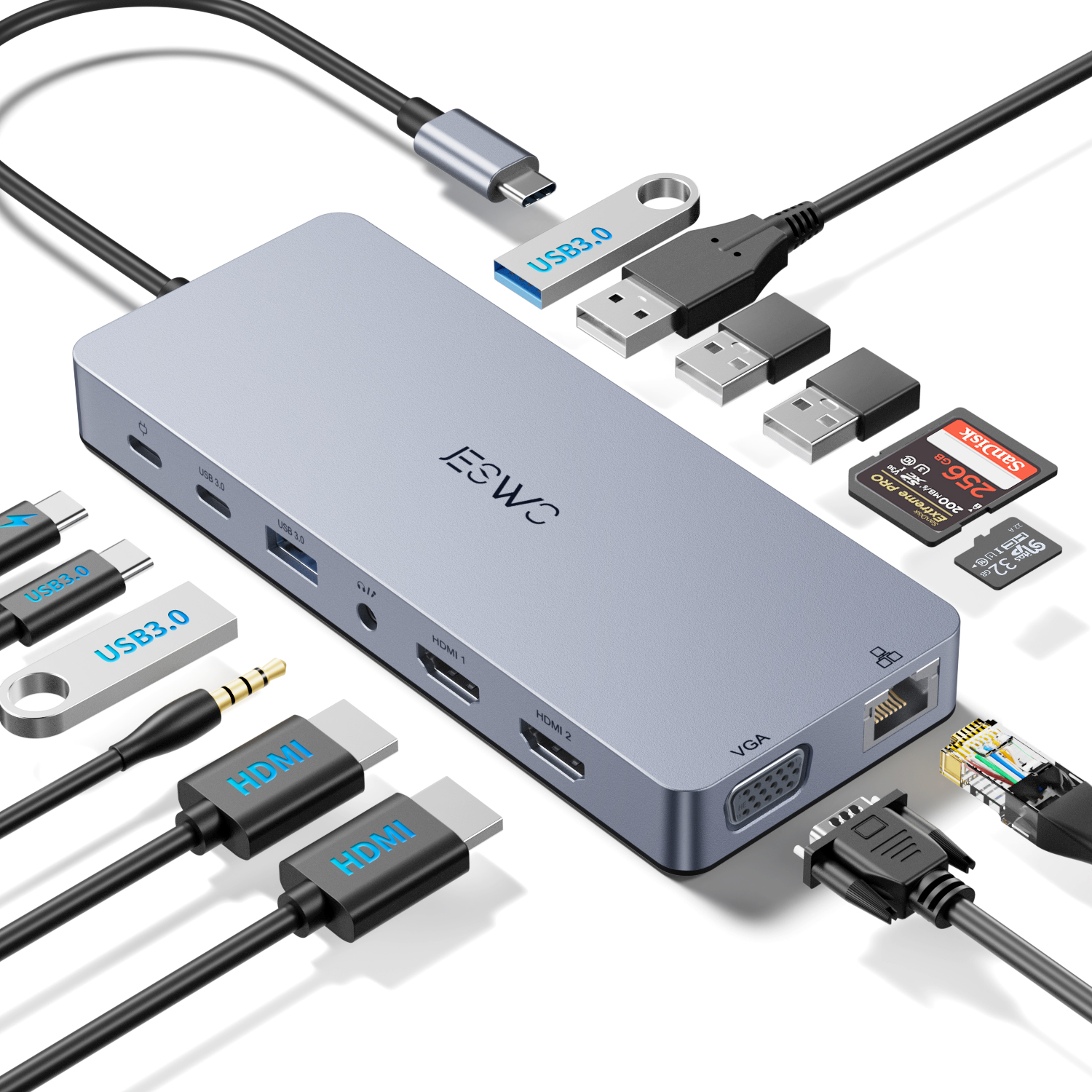 14-in-1 Docking Station for Laptop USB C Hub 3.0 USB Port Extension ...
