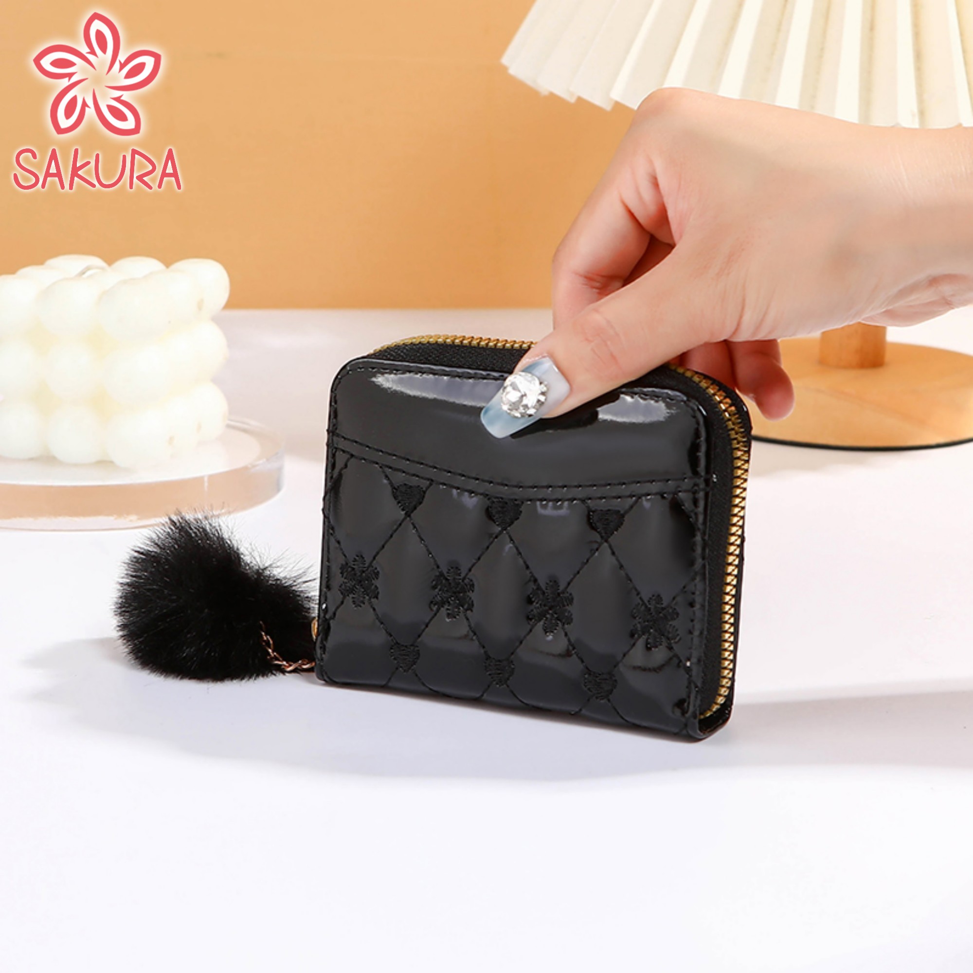 Sakura Wallet For Woman High-End Patent Leather Fabric Hairball Pendant ...