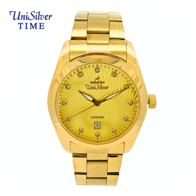 UniSilver TIME Mens Gold sapphire Glass w/ Date Analog Stainless steel ...