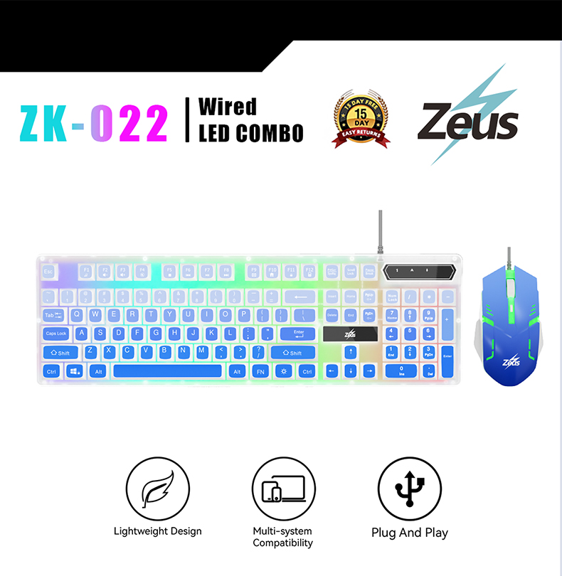 Zeus ZK-022 Wired LED Keyboard and Mouse Combo | RGB Backlight, Plug ...
