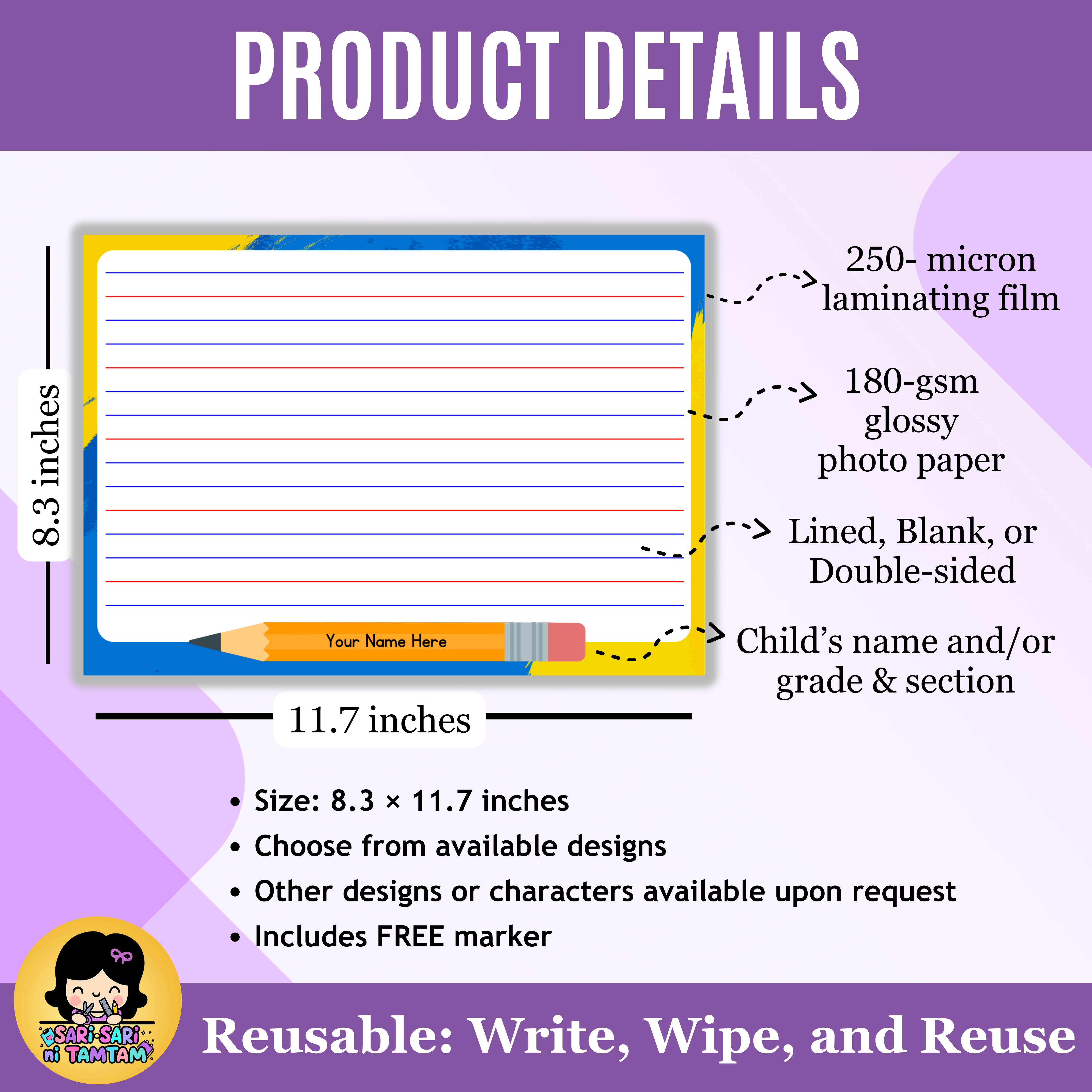 PERSONALIZED LAMINATED WRITING BOARD FOR KIDS | REUSABLE WRITE & WIPE ...