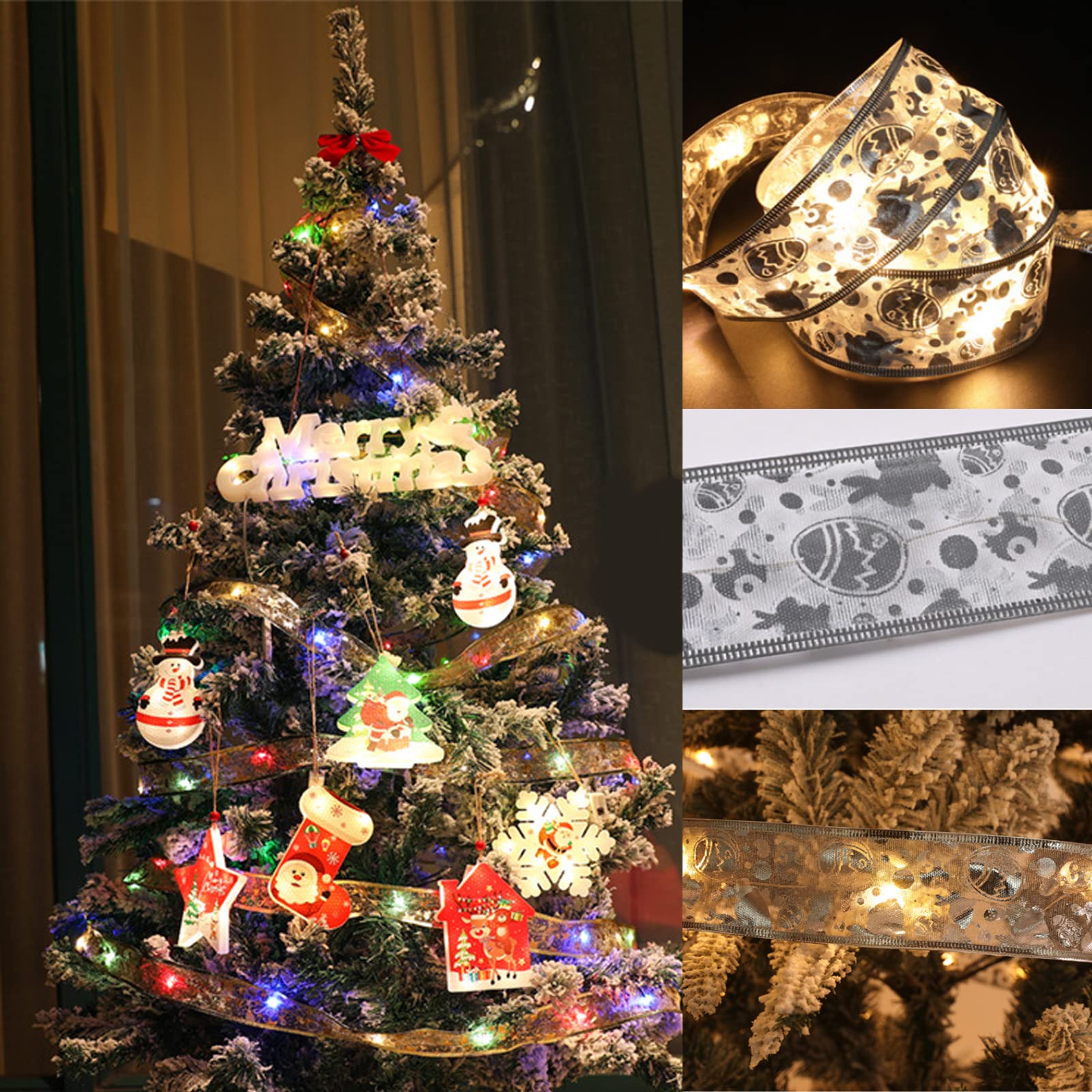 Christmas Ribbon with Lights 4M 100 LED Battery Operated Colorful ...