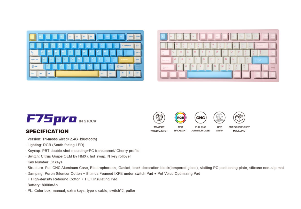 FURYCUBE F75 Aluminum Keyboard 75% GASKET Structure RGB Screen ...