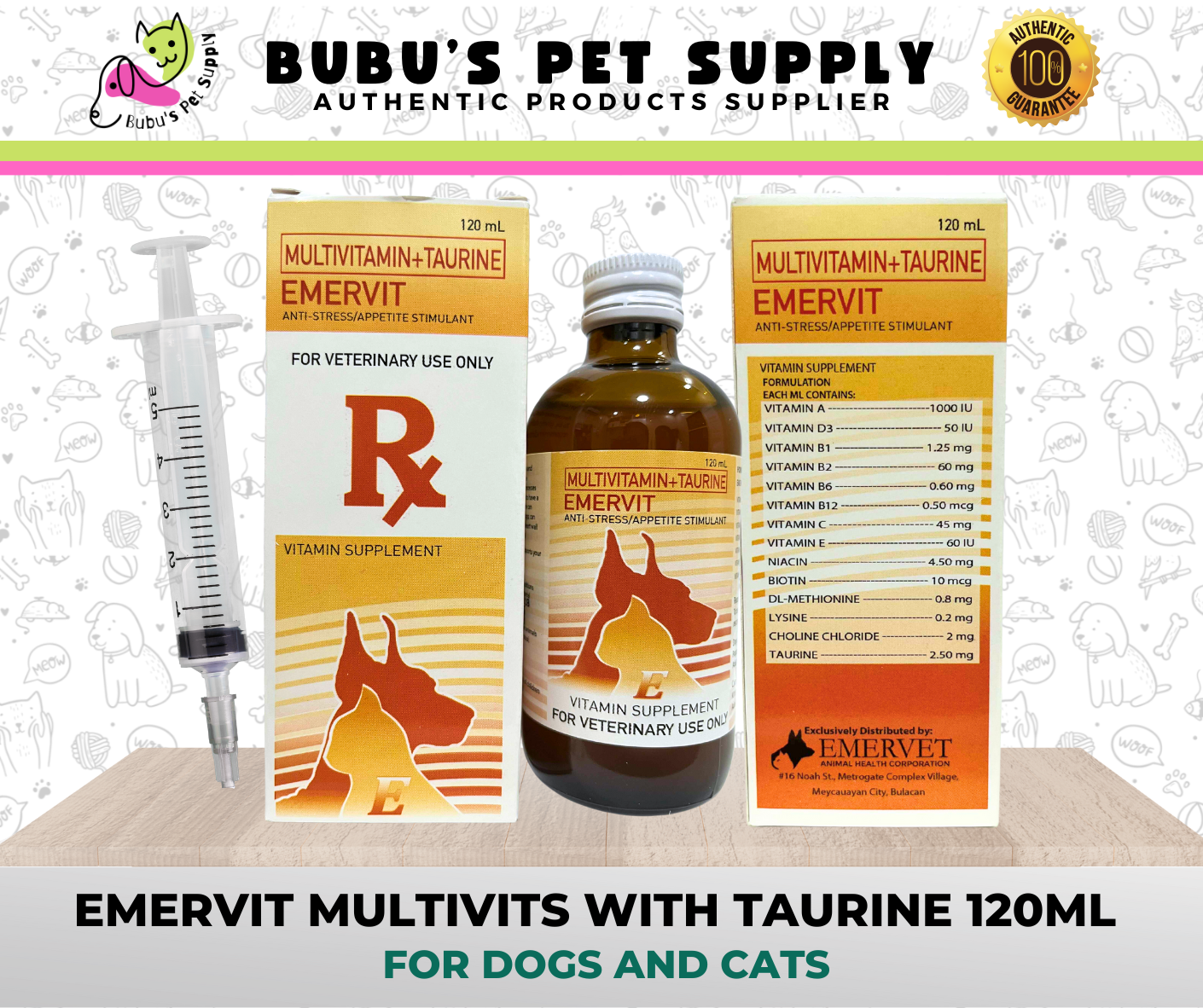 EMERVIT MULTIVIT WITH TAURINE 120ML WITH FREE SYRINGE DOG CAT ENERGY ...