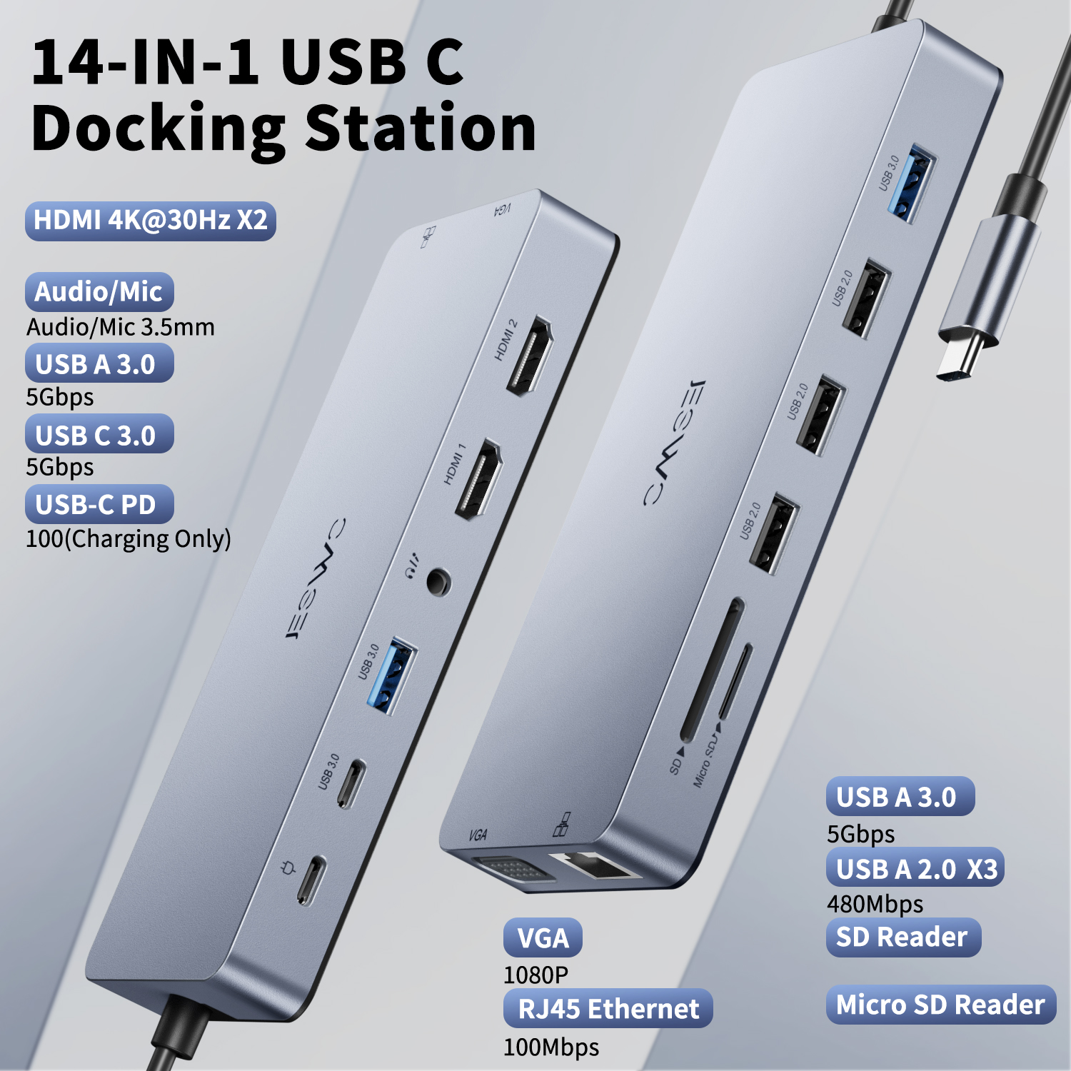 14-in-1 Docking Station for Laptop USB C Hub 3.0 USB Port Extension ...