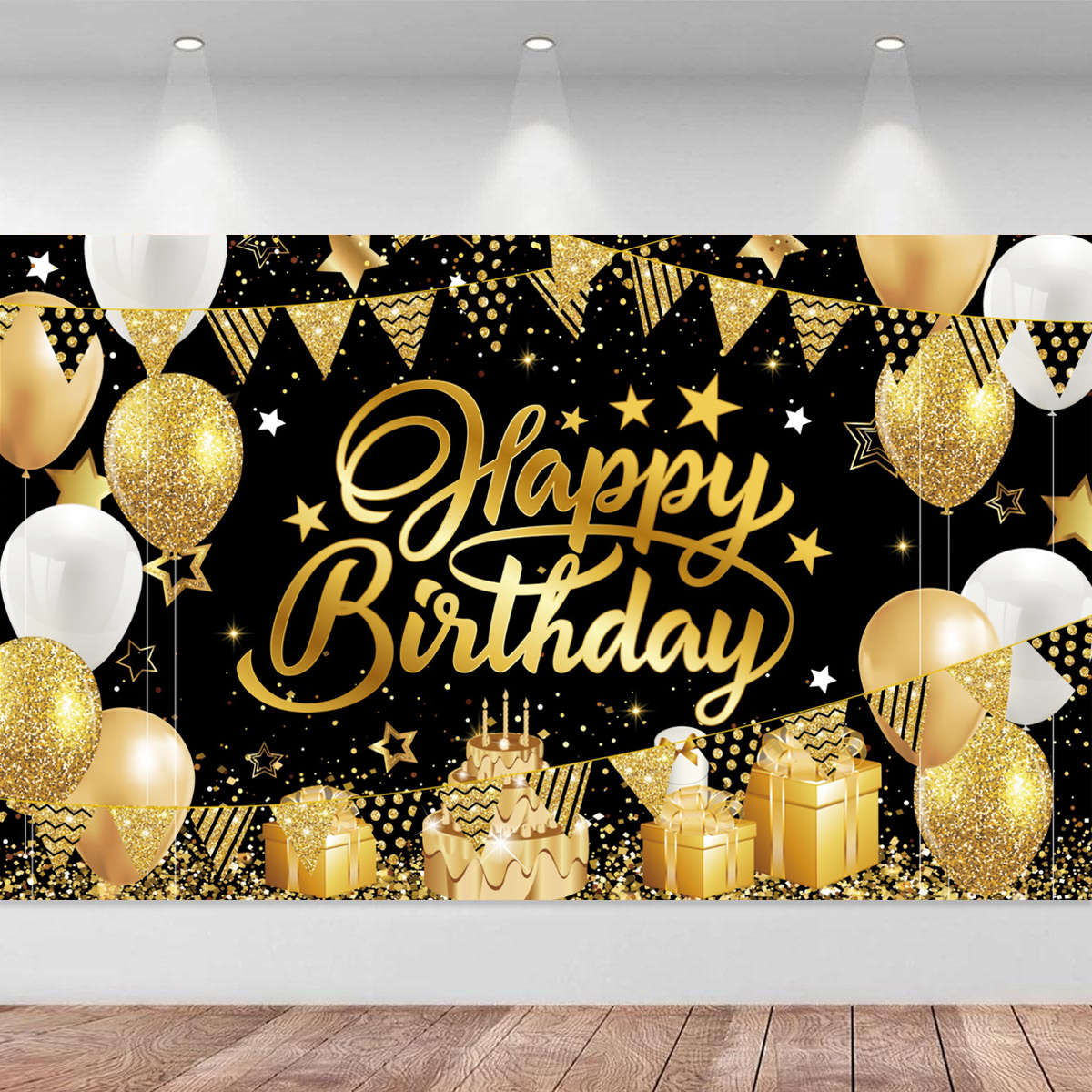 Birthday Backdrop Decoration Cloth 49*31.5 Inch Black Gold Happy ...