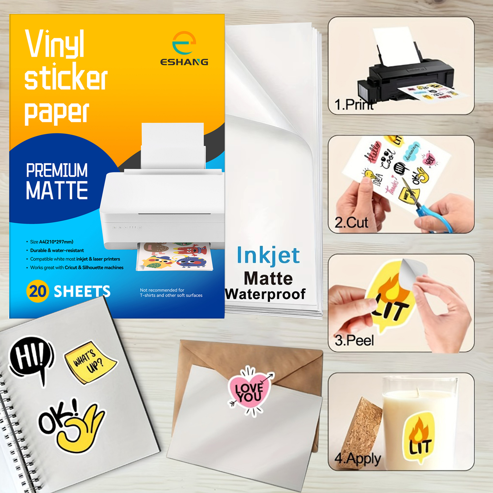 A4 Size 20 Sheet White Matte Printable Vinyl Sticker Paper for Inkjet ...