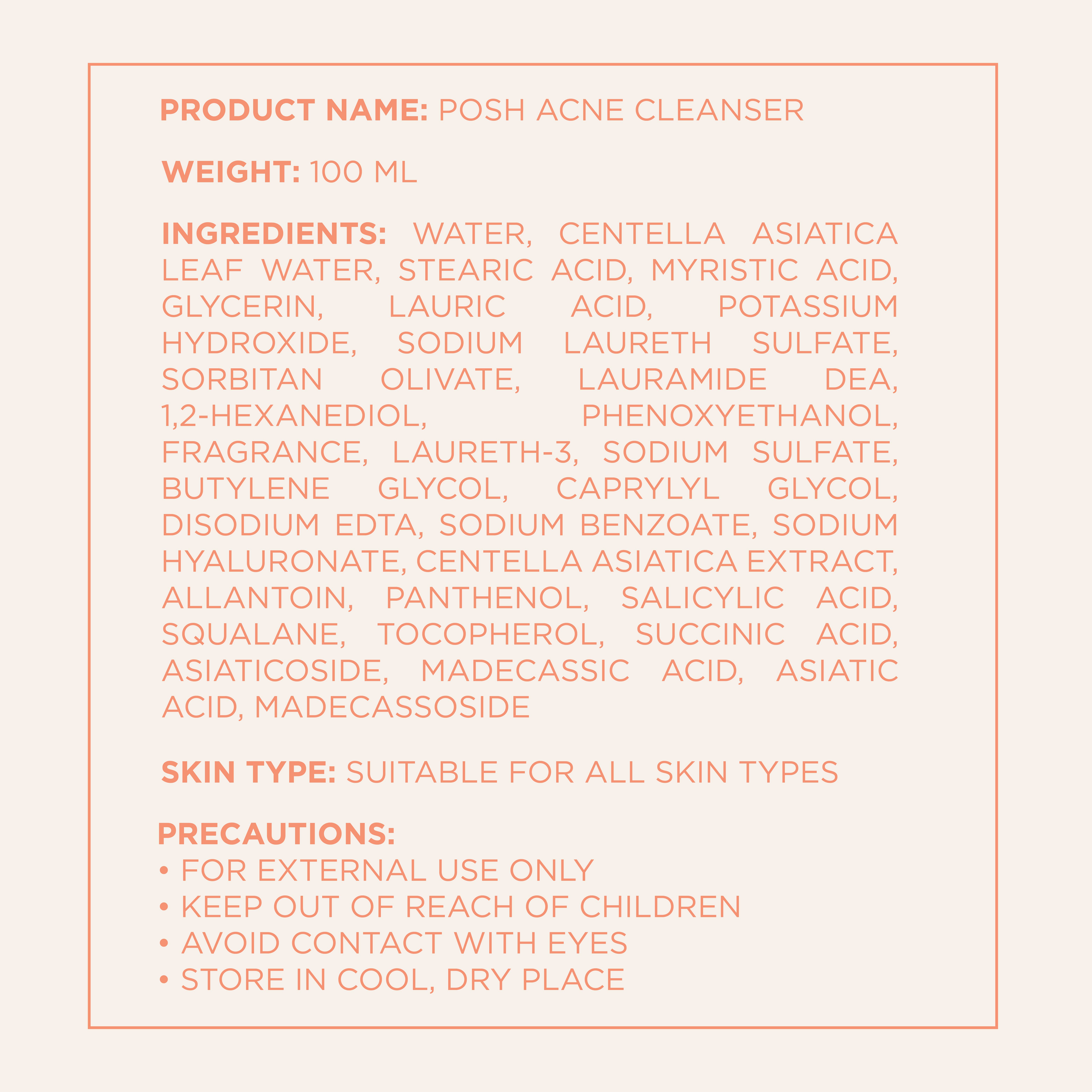 Posh Skin Acne Facial Cleanser 100ml Centella Allantoin Salicylic Acid ...