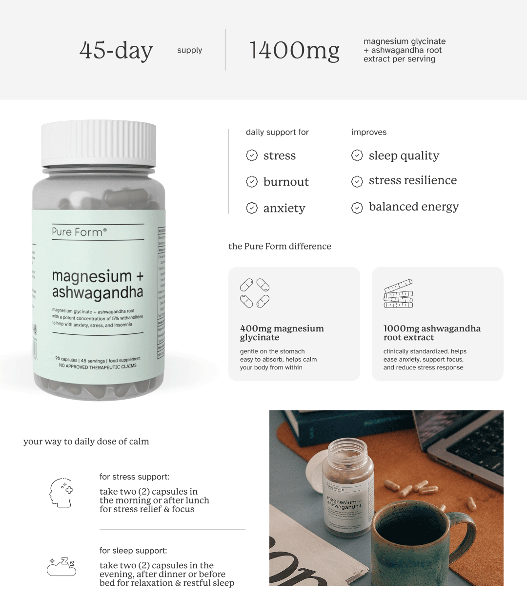 Pure Form® Magnesium + Ashwagandha | 1,400mg of Magnesium Glycinate and ...