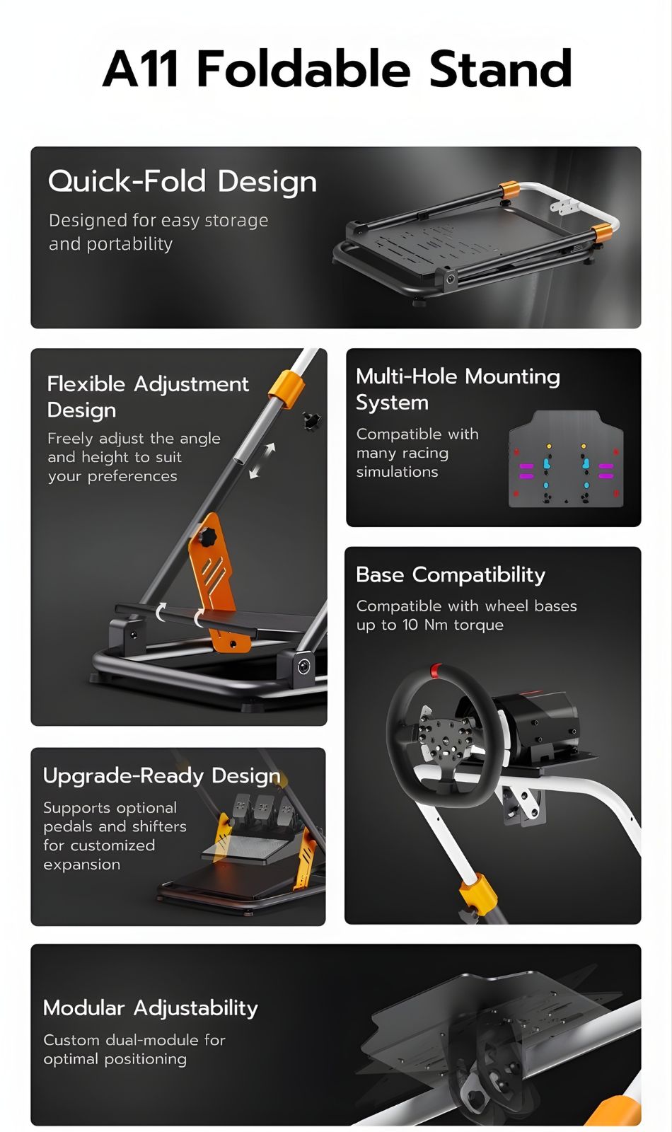 PXN A11 Gaming Racing Wheel Foldable Stand Heavy‑Duty Adjustable Steel ...