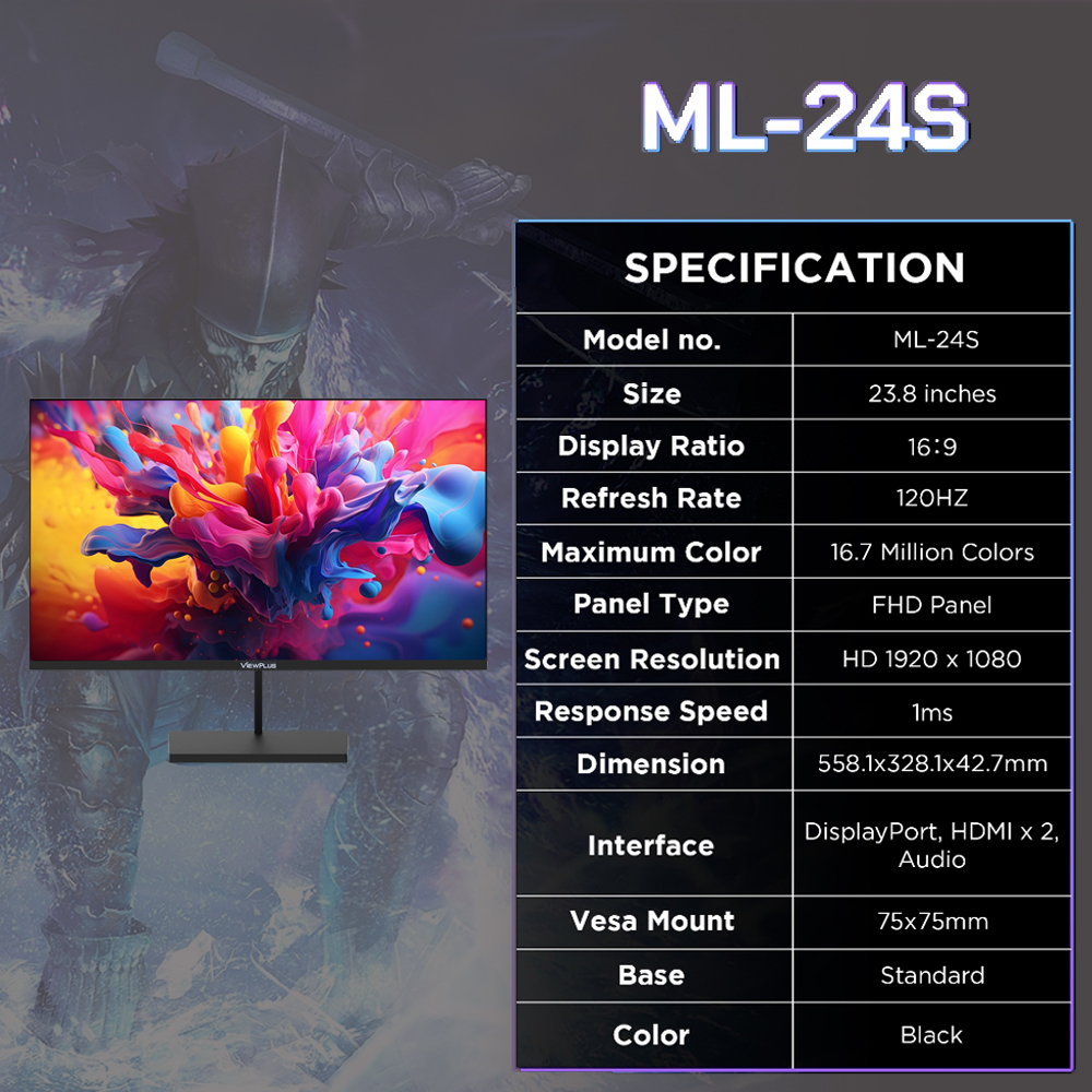 Viewplus ML-24S 24 Inch IPS Monitor 120HZ FHD Framless Flat Gaming ...