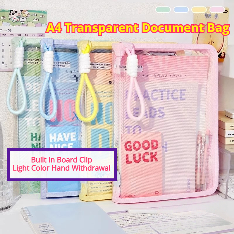 A4/Long Transparent Zipper File Bag with Clip Portable Folder Handle ...