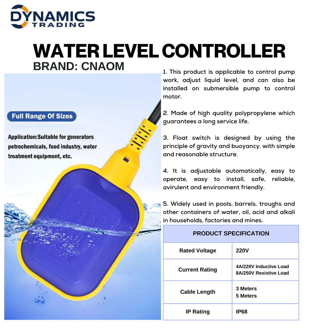 Float Switch Water Tank Level Controller – CNAOM Square Type 2–10M ...