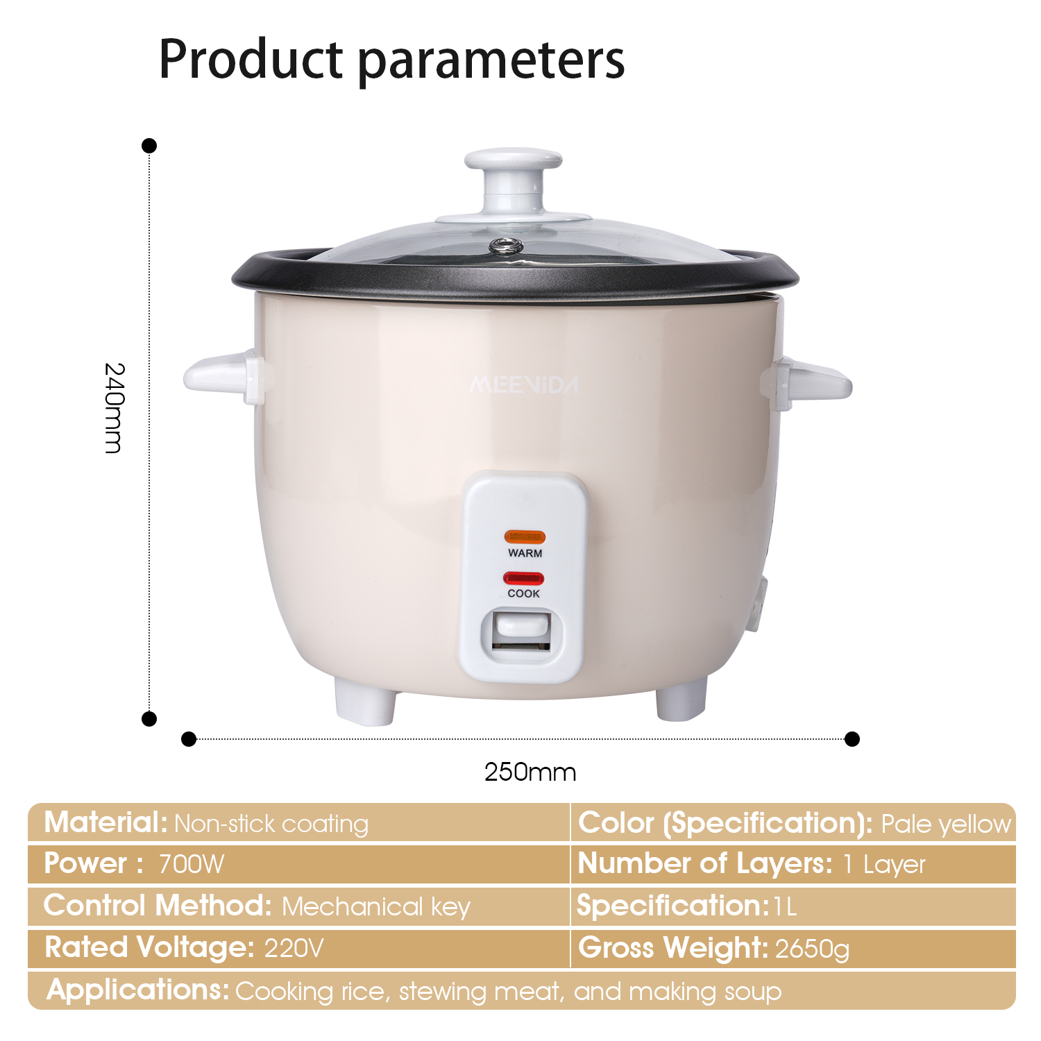 MEEVIDA Standard Rice Cooker 1L Non-Stick Inner Glass Lid Mini Rice ...