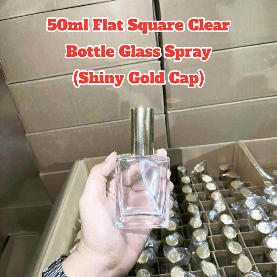 50ml Classy Flat Square Clear Glass Perfume Spray Bottle Shiny Gold Cap ...