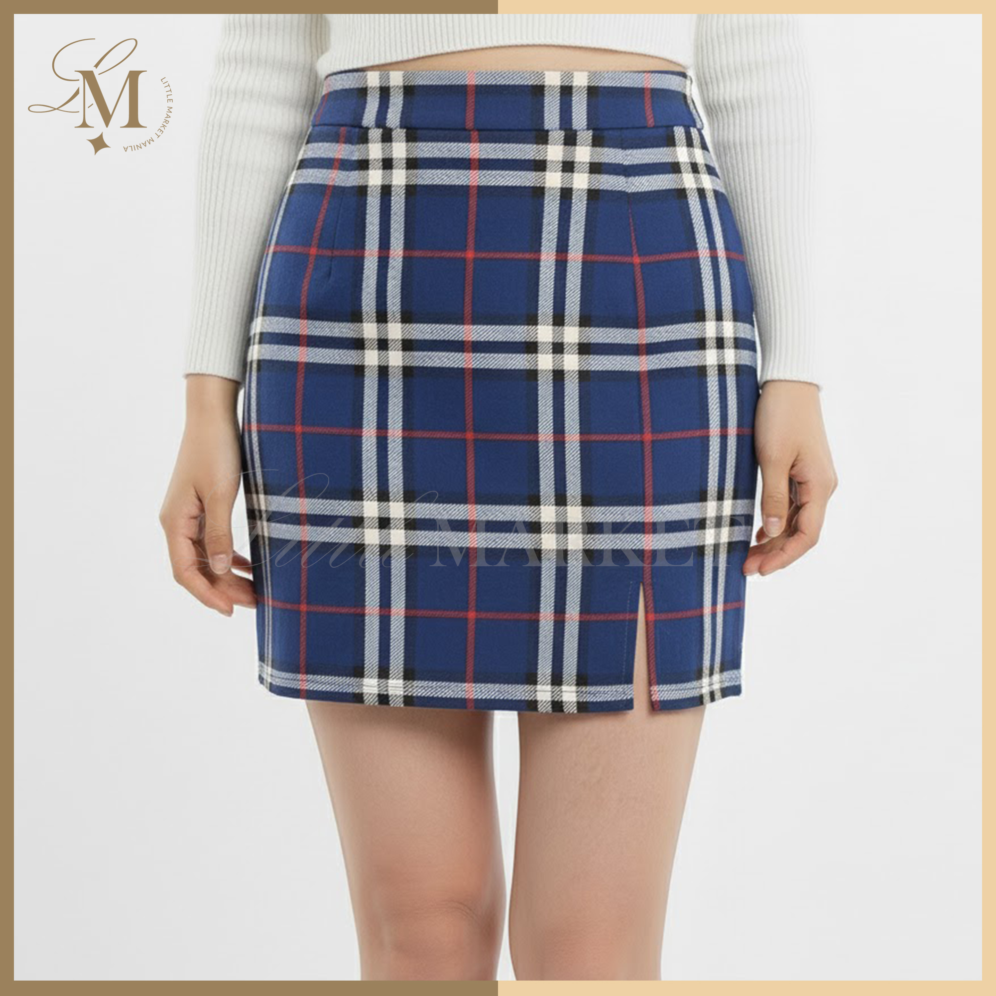 LittleMarket Plaid High Waist Mini Skirt for Women - Tartan Front Slit ...