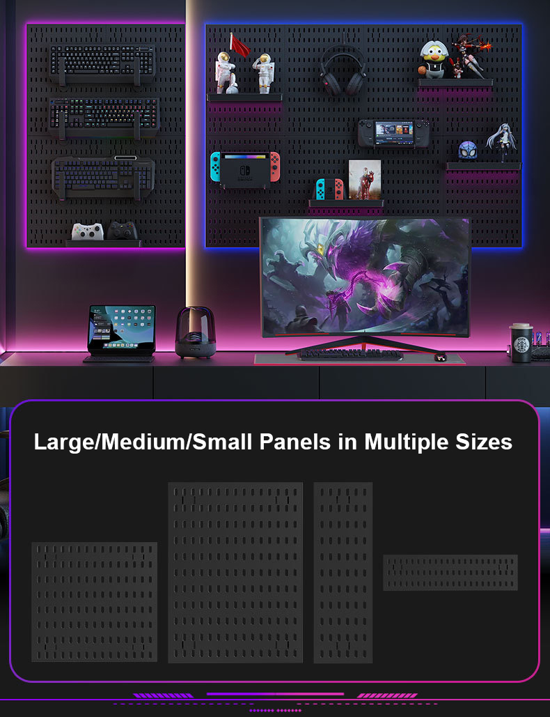 Gaming room pegboard storage rack black wall-mounted computer desk wall ...