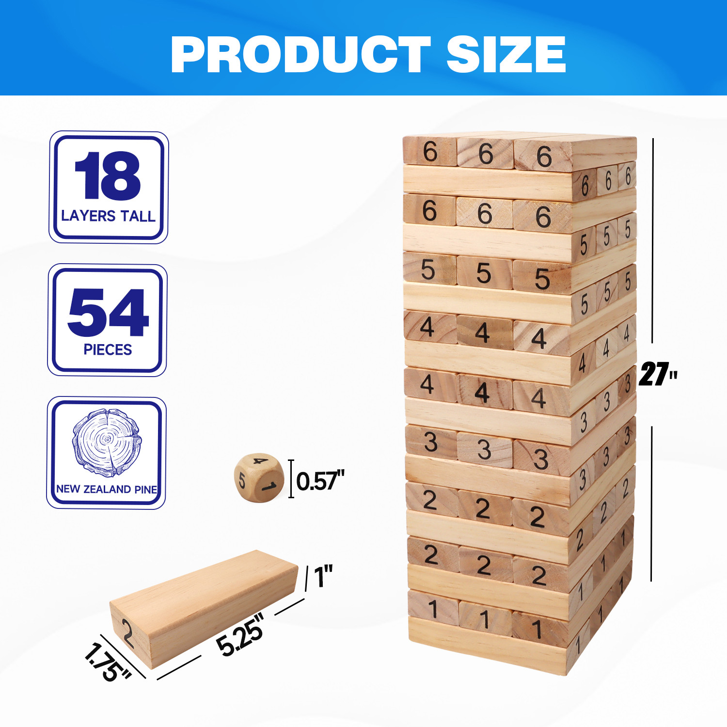54Pcs Wooden Number Stacking Block Tower Toy Wooden Blocks Games Tower ...