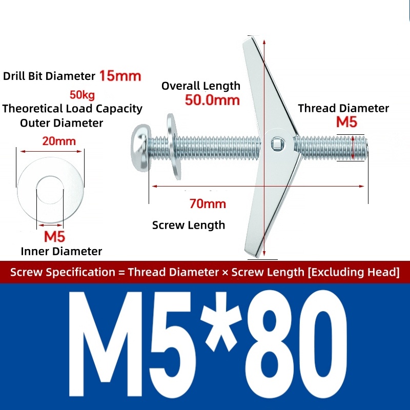 10PCS M4/M5/M6 Metal Spring Toggle Anchor M4*50/M6*80Plasterboard Wall ...