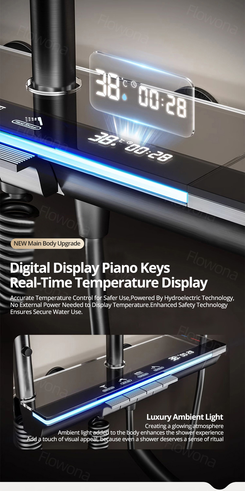 Flowona 4-in-1 Piano Key Shower Set Hot & Cold Digital Display Gun Grey ...