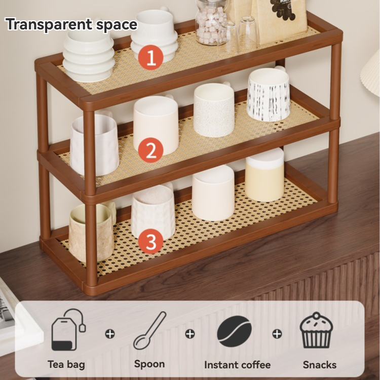 Rattan Desktop rack Wooden storage Rack layers Desk Organizer Shelf Cup ...