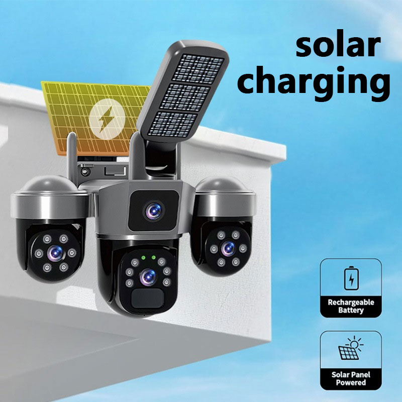 4G SIM Three Lens Solar CCTV Camera Outdoor Two-Way Audio Full Color ...