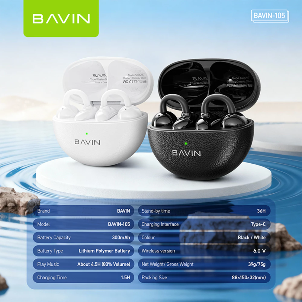 BAVIN BA105 TWS Hi-Res Audio BT 6.0 Wireless Open-Ear Clip Earphones w ...