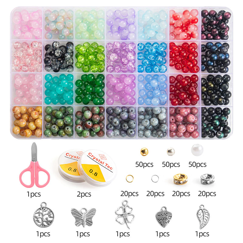 28 Grid Glass Beads Bracelet Making Kit - 8mm Crystal Round Beads With ...