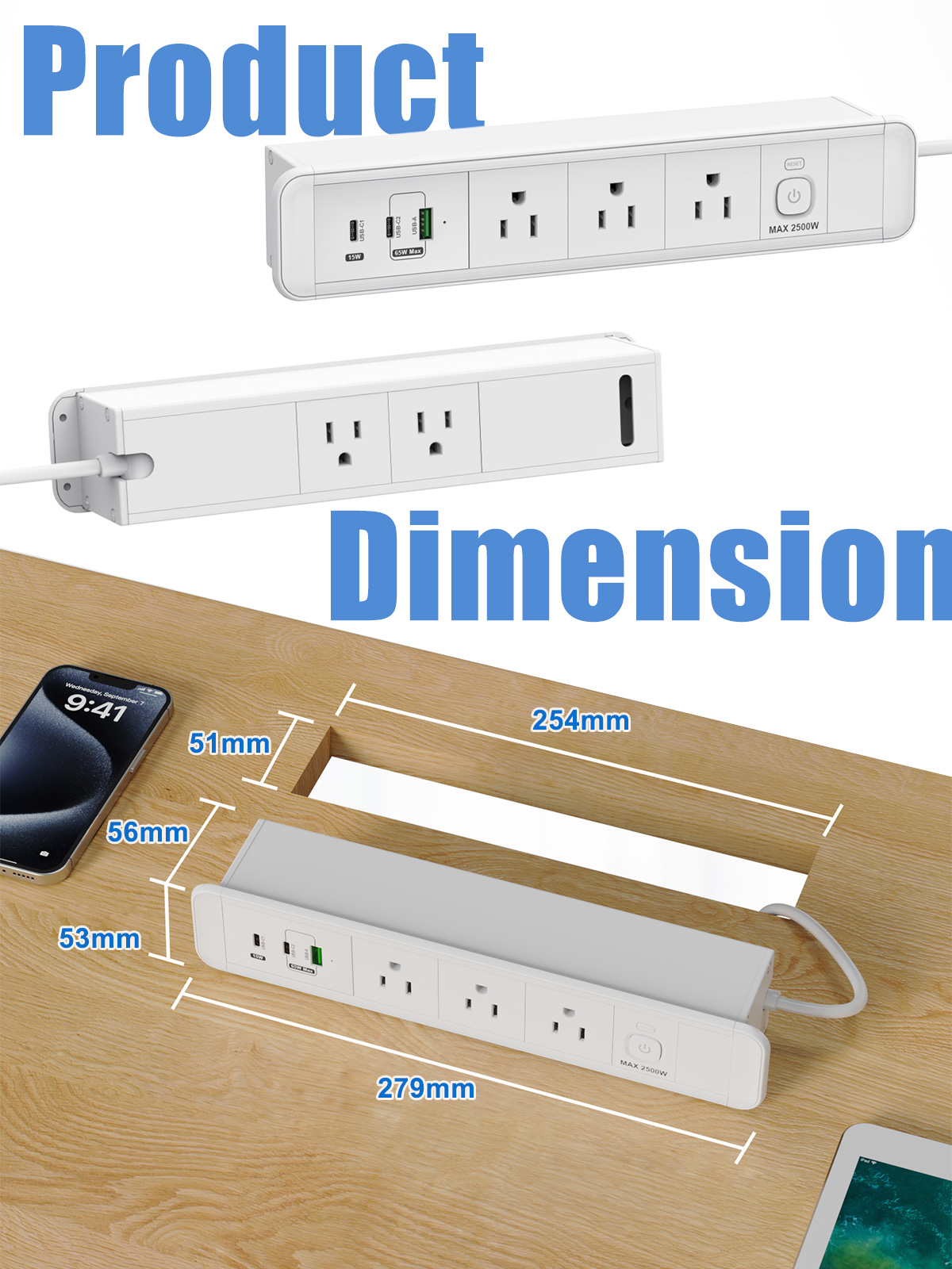 65W GaN Recessed Power Strip Dual Sided Desktop Socket with 5 Outlets 3 ...