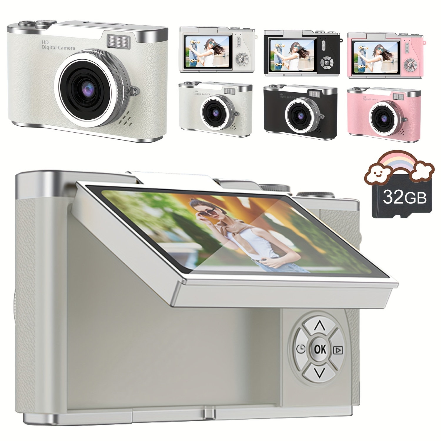 Digital Camera 4K Flip screen 180° HD Selfie Built-in Flash 48MP Mini ...