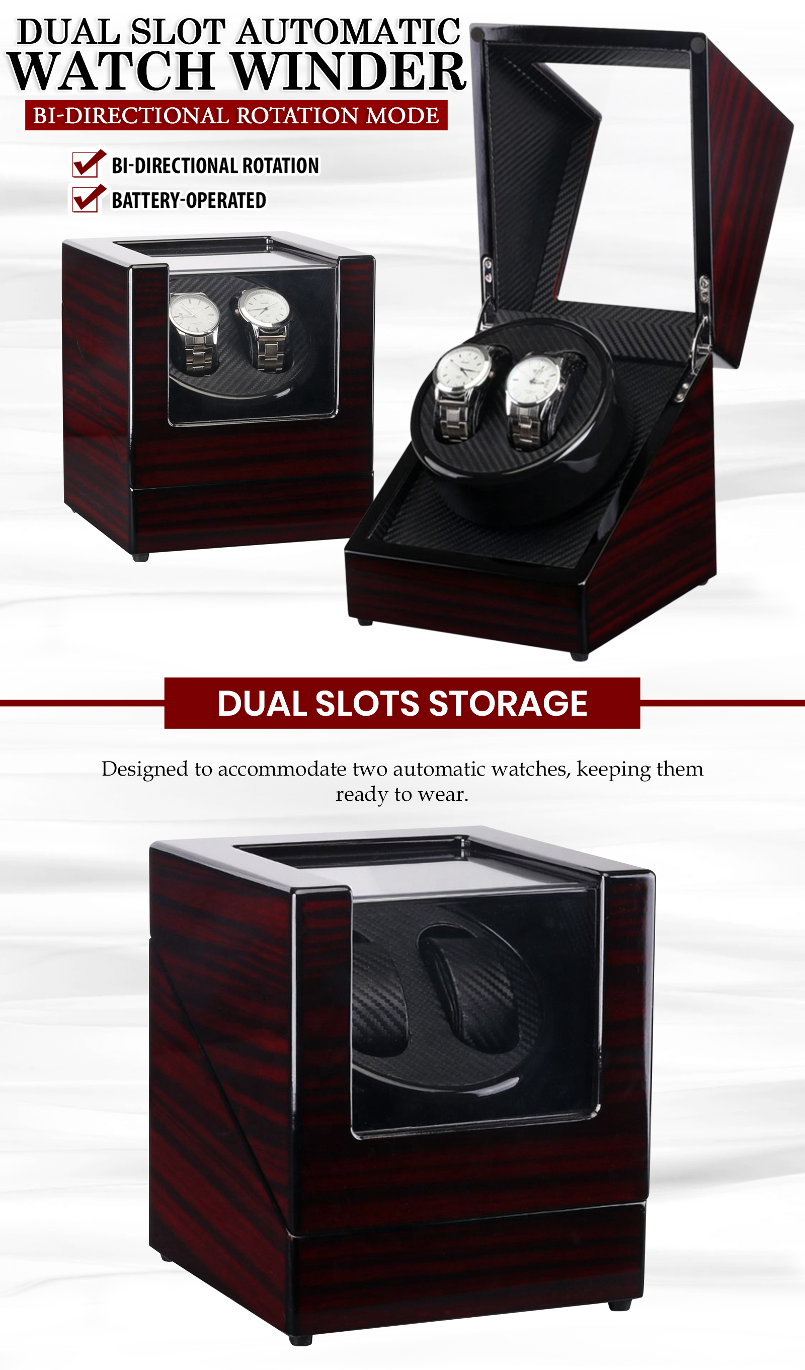2-Slot Automatic Watch Winder with Bi-directional Rotation Mode Watch ...
