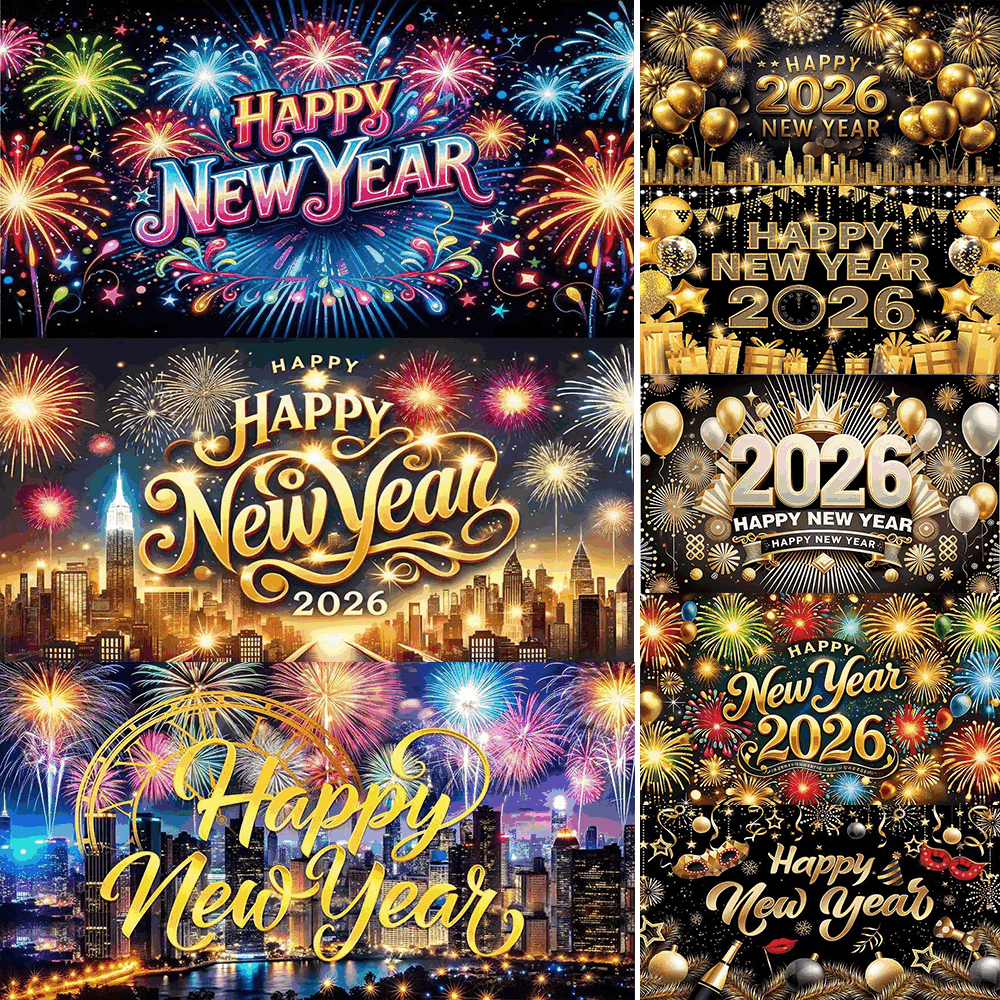 2026 Happy New Year Black Gold Firework Backdrop Banner Wall Hanging ...