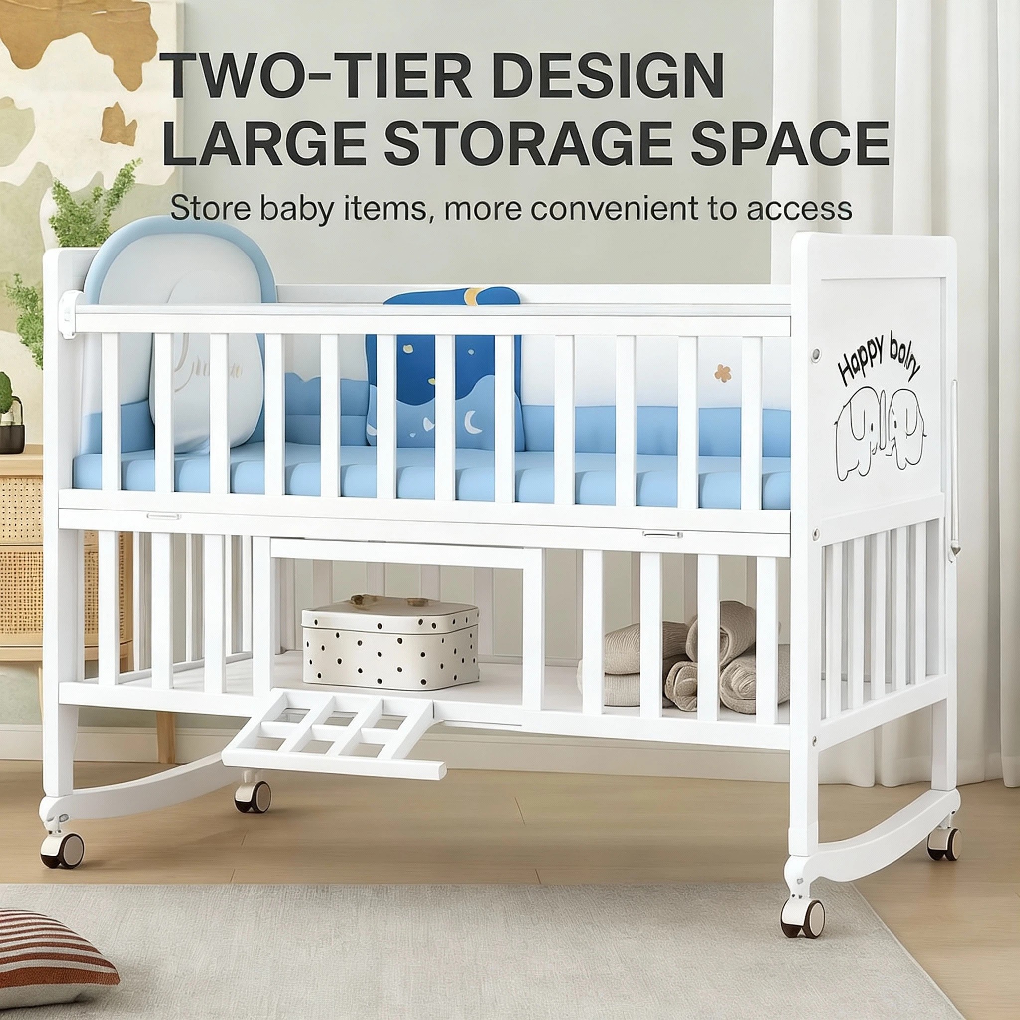 7in1 Crib for baby White Solid Wood Baby Crib Convertible Crib with
