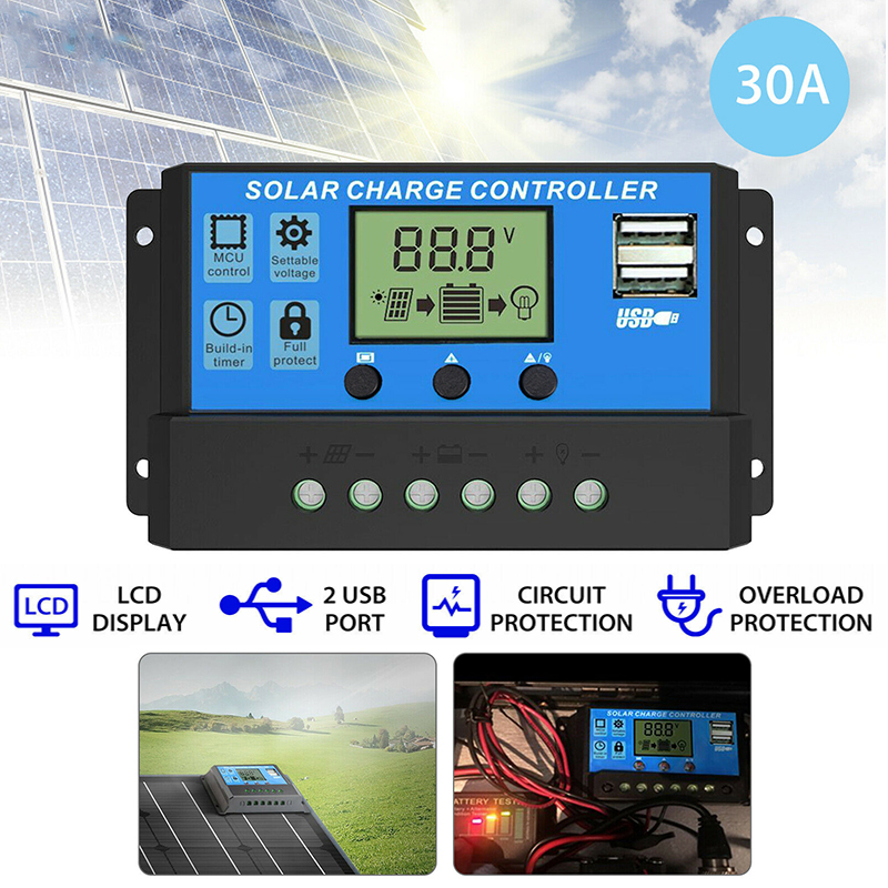 30A PWM Solar Charge Controller 12V/24V Battery Regulator with LCD ...