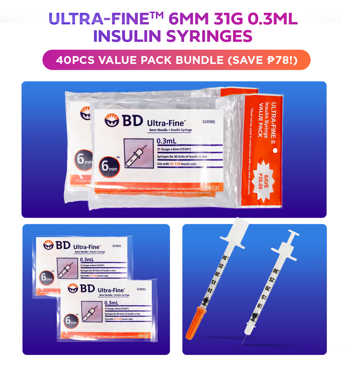 BD Ultra Fine 6mm Insulin Syringe 0.3ml/cc (40 pcs pack) 31G Value Pack ...